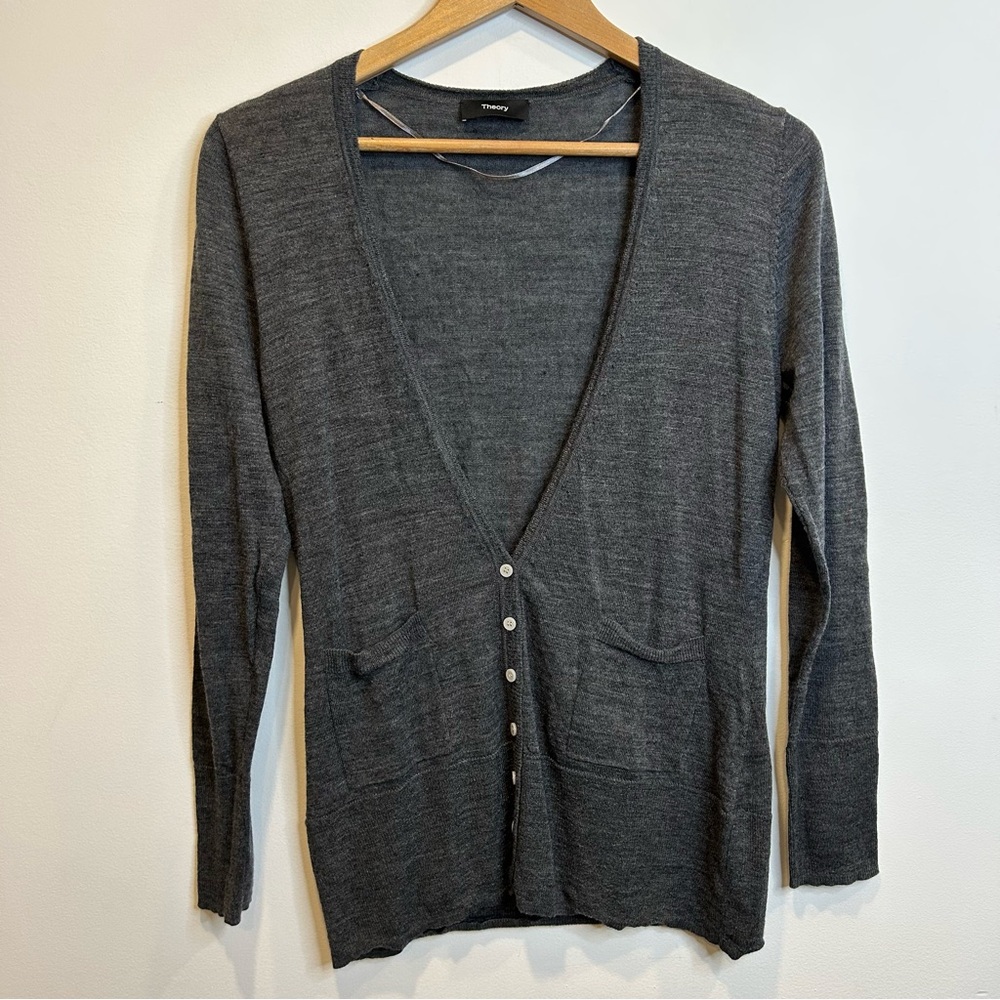 Theory V-Neck Cardigan Sweater Dark Grey